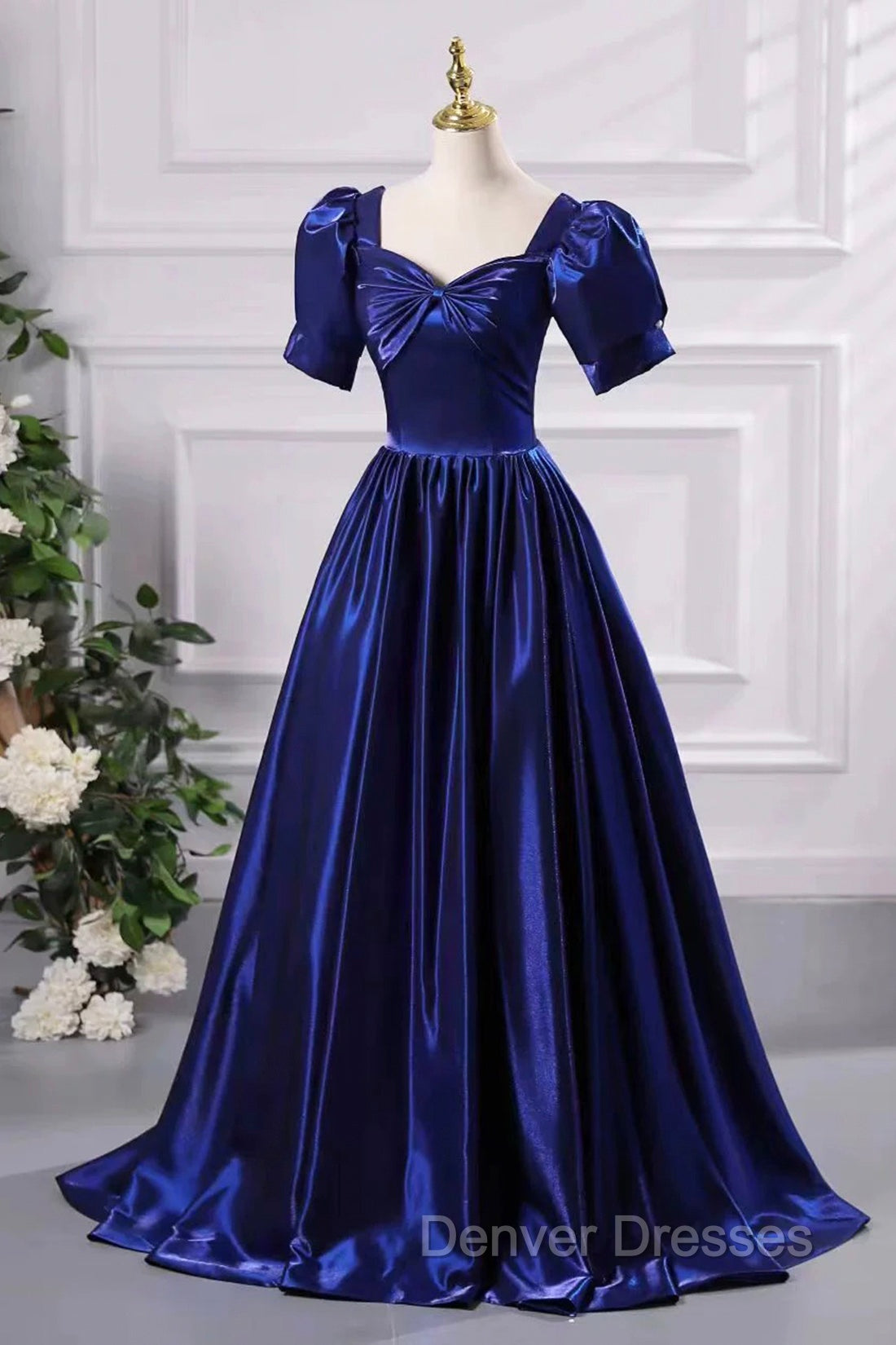 Blue Satin Floor Length Prom Dress, A-Line Short Sleeve Backless Evening Party Dress Secondary image
