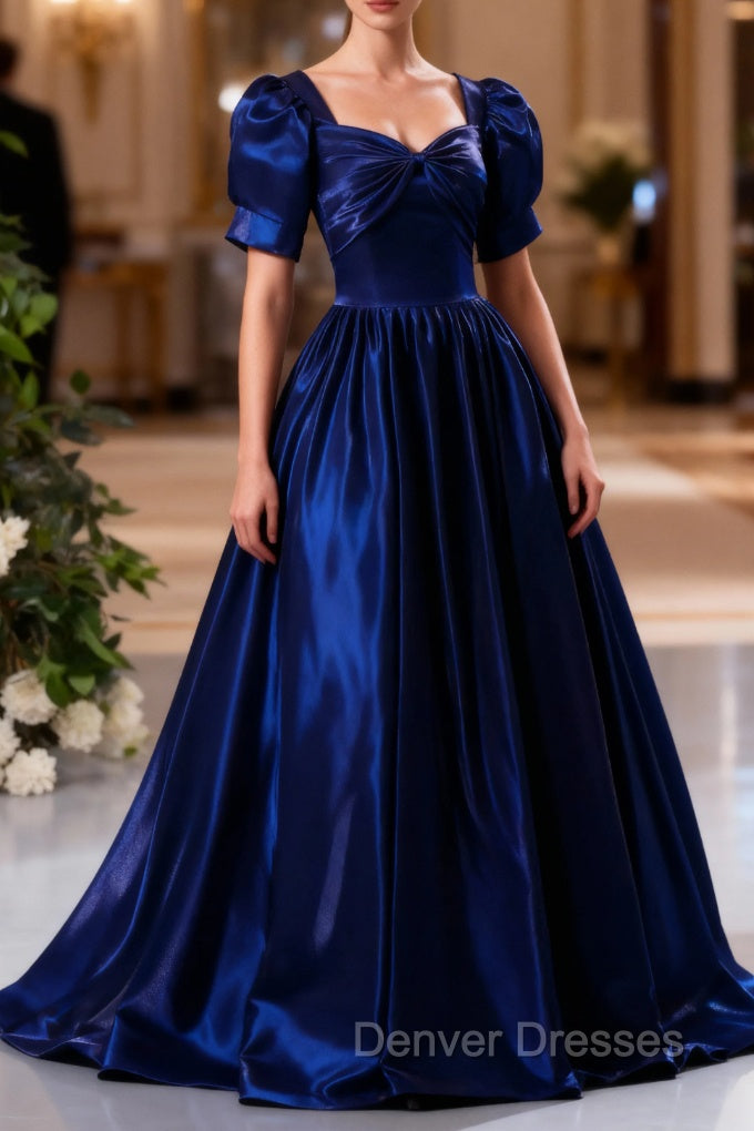 Blue Satin Floor Length Prom Dress, A-Line Short Sleeve Backless Evening Party Dress Main image