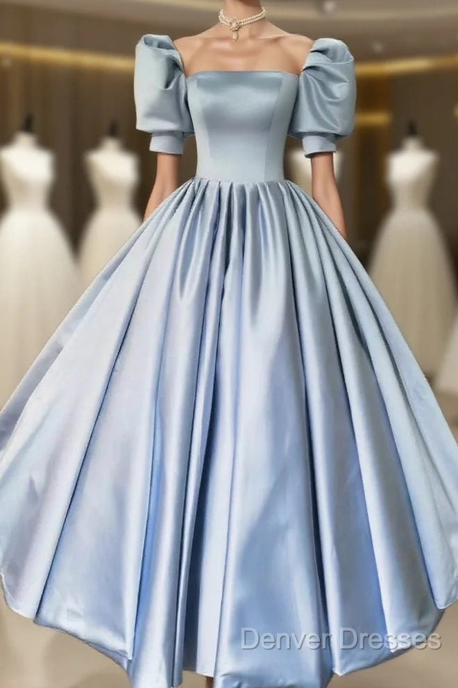 Blue Satin Floor Length Prom Dress, A-Line Short Sleeve Evening Party Dress Main image