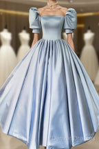 Blue Satin Floor Length Prom Dress, A-Line Short Sleeve Evening Party Dress