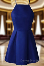 Blue Satin Halter Knee Length Bridesmaid Dress, Royal Blue Homecoming Dress
