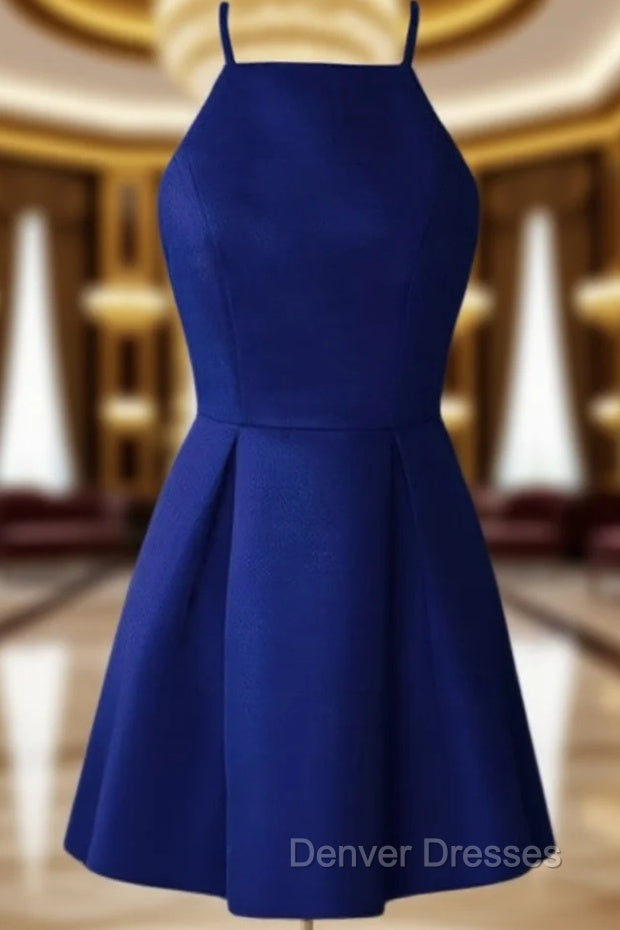 Blue Satin Halter Knee Length Bridesmaid Dress, Royal Blue Homecoming Dress