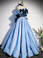 Blue satin lace long prom Dress blue satin evening Dress
