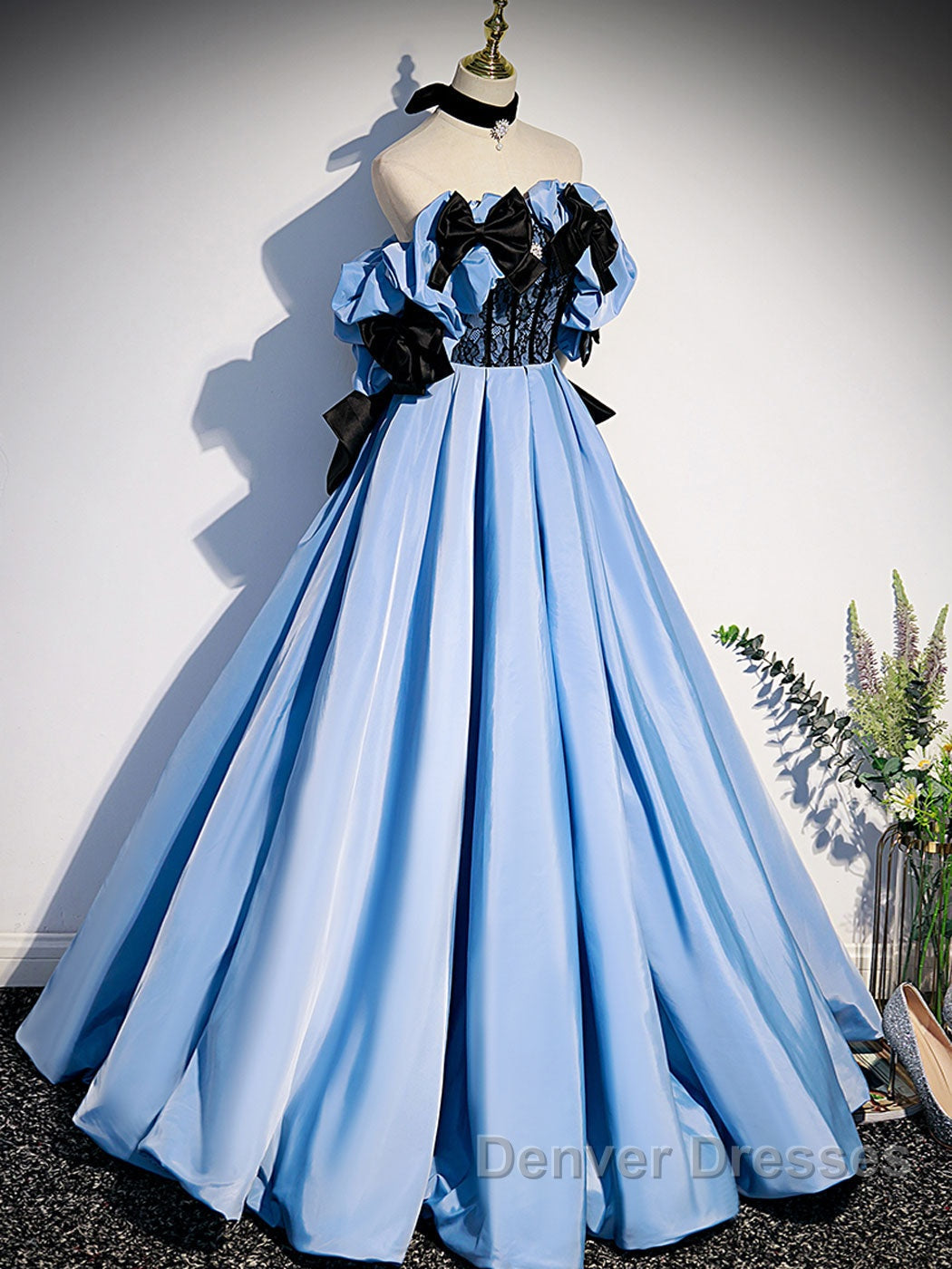 Blue satin lace long prom Dress blue satin evening Dress