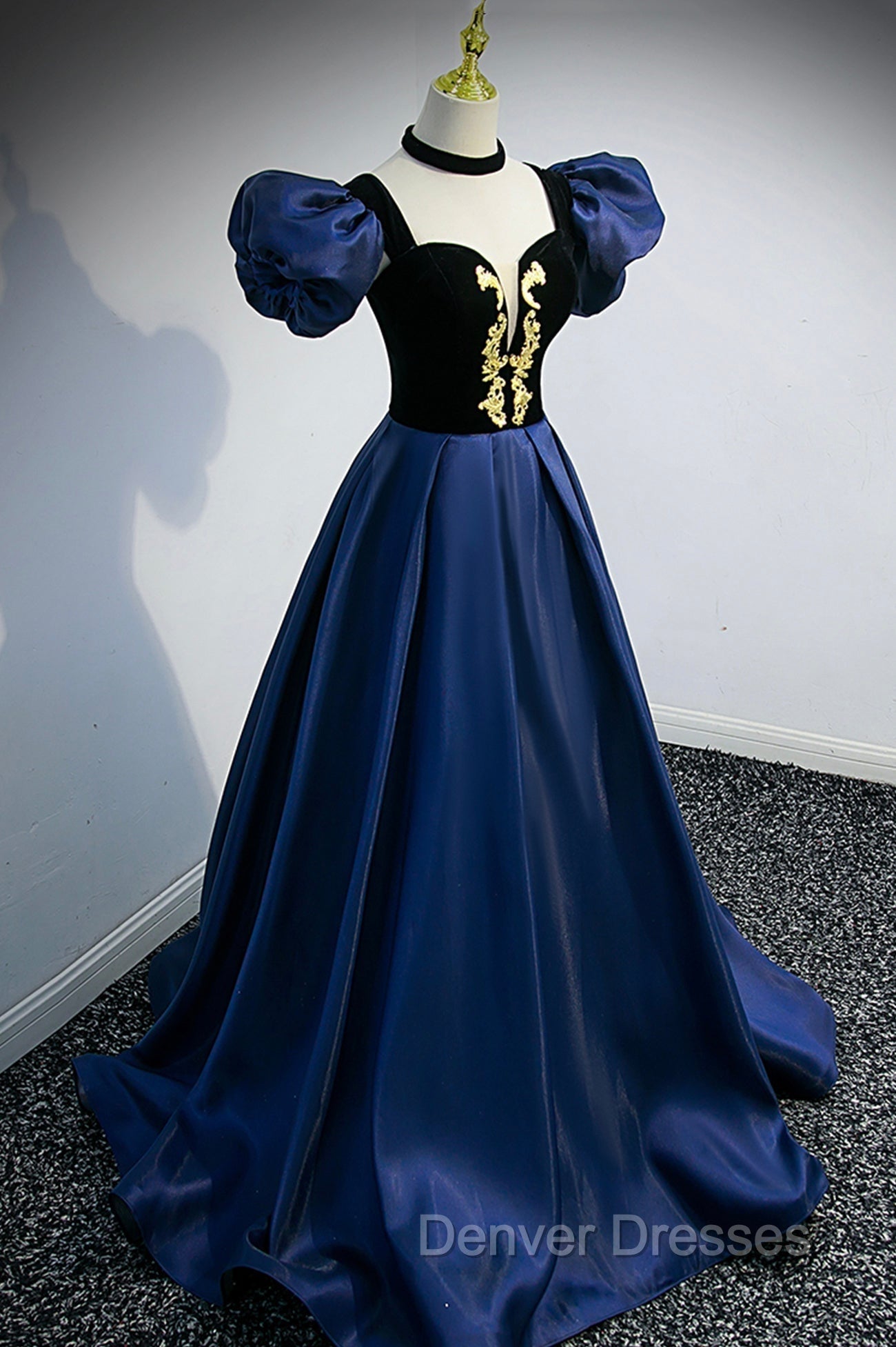 Blue Satin Lace Long Prom Dress, Blue Short Sleeve Evening Party Dress