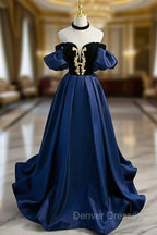 Blue Satin Lace Long Prom Dress, Blue Short Sleeve Evening Party Dress