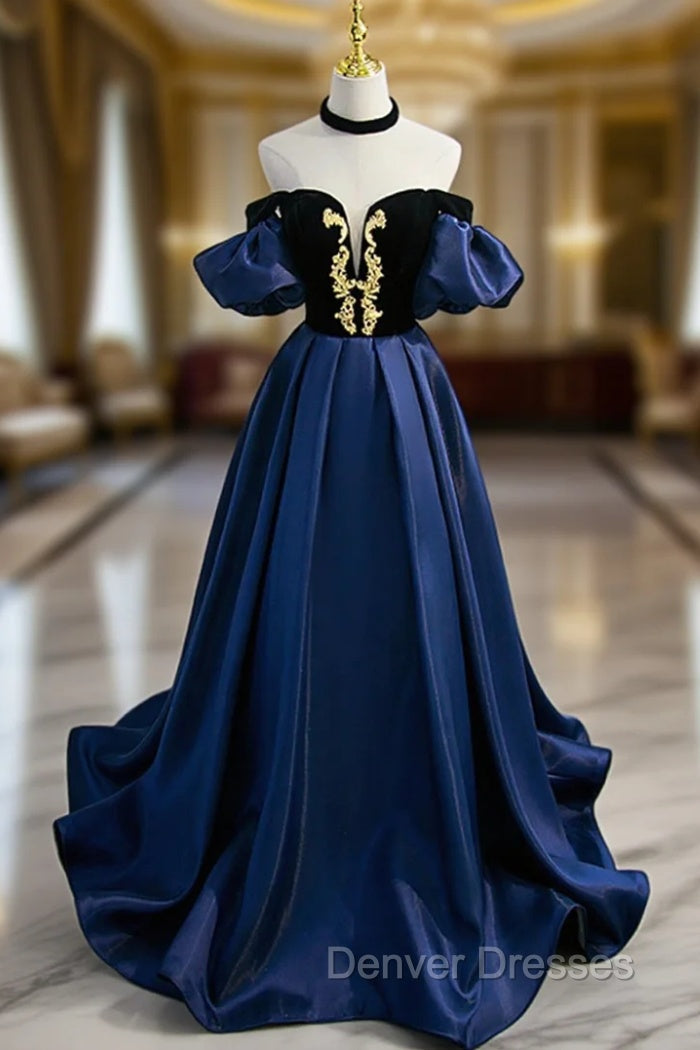 Blue Satin Lace Long Prom Dress, Blue Short Sleeve Evening Party Dress
