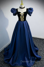 Blue Satin Lace Long Prom Dress, Blue Short Sleeve Evening Party Dress
