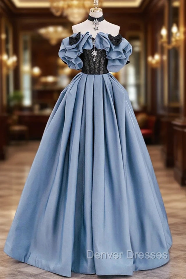 Blue Satin Lace Long Prom Dress, Off Shoulder Evening Party Dress Main image
