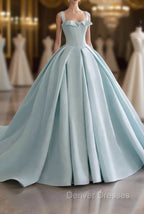 Blue Satin Long A-Line Formal Dress, Blue Prom Evening Dress