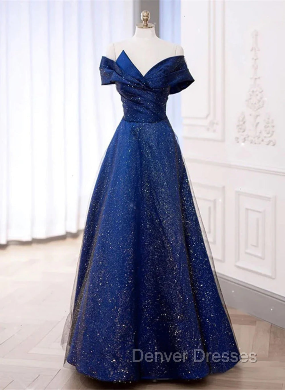 Blue Satin Long A-line Formal Dress Prom Dress, Off Shoulder Blue Evening Dress Main image