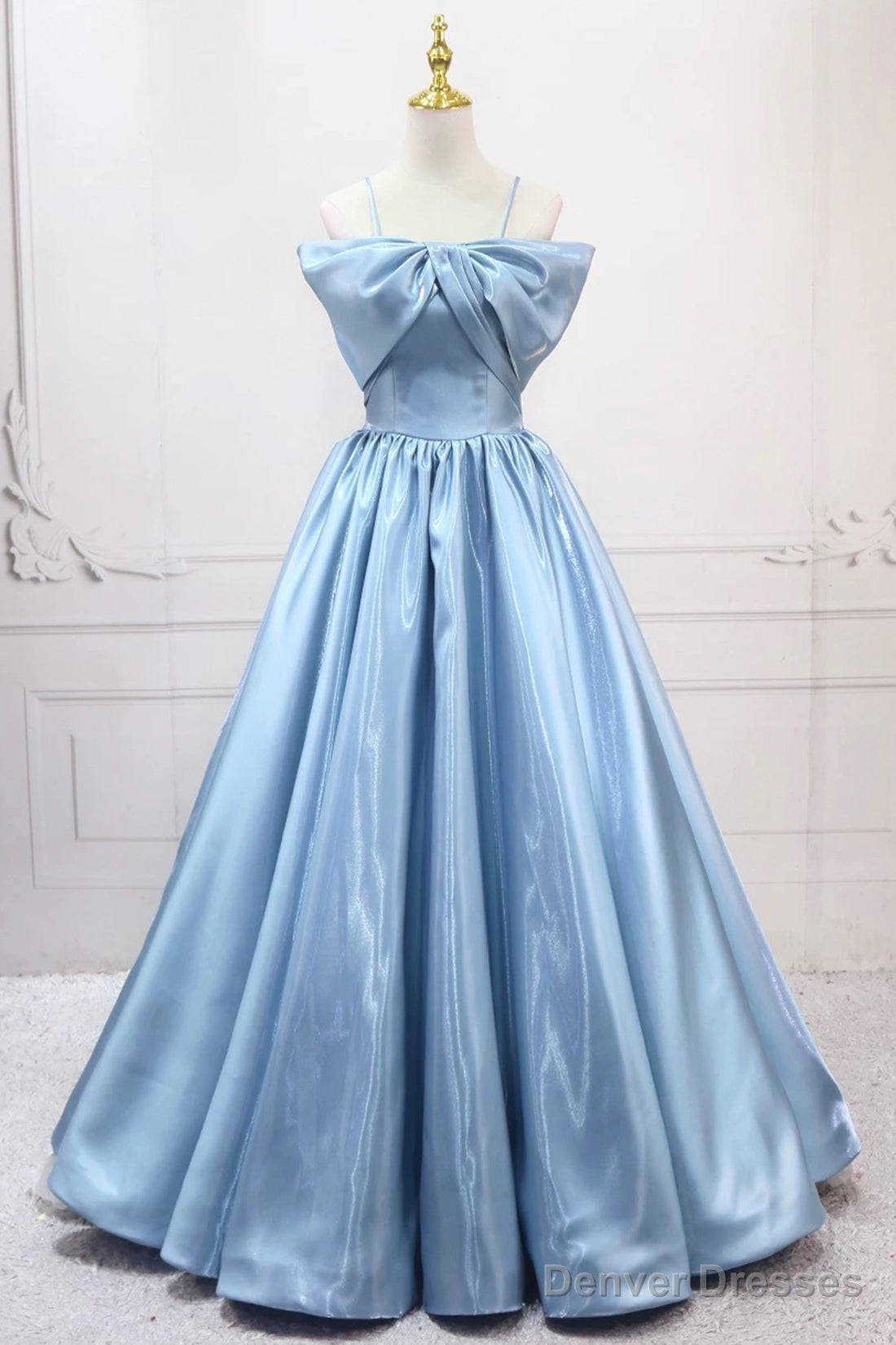 Blue Satin Long A-Line Prom Dress, Blue Spaghetti Strap Evening Party  Dress Main image