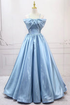 Blue Satin Long A-Line Prom Dress, Blue Spaghetti Strap Evening Party  Dress
