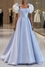 Blue Satin Long A-Line Prom Dress, Lovely Short Sleeve Formal Evening Dress