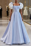 Blue Satin Long A-Line Prom Dress, Lovely Short Sleeve Formal Evening Dress