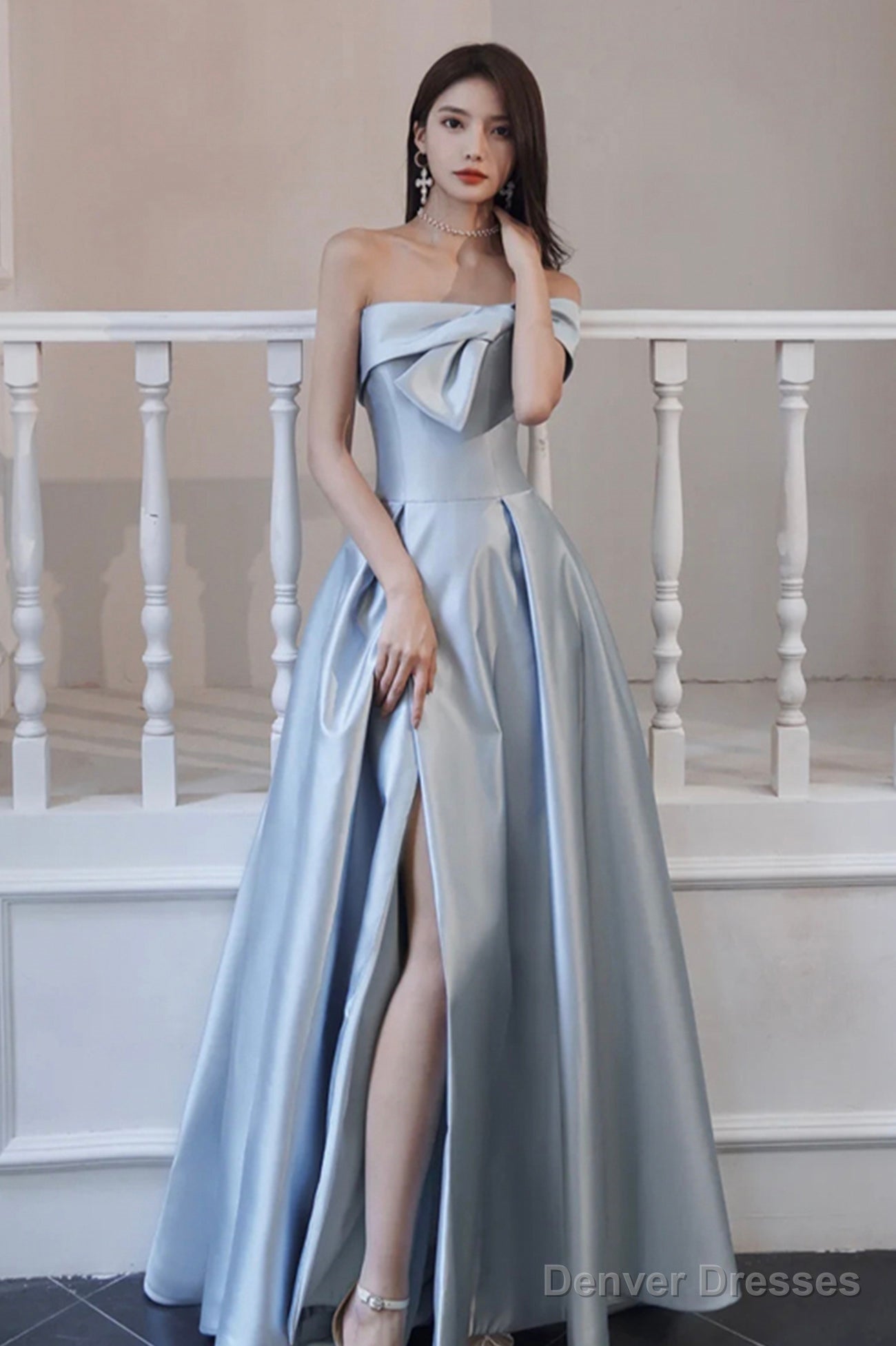 Blue Satin Long A-Line Prom Dress, Off The Shoulder Evening Dress With Slit Main image