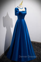 Blue Satin Long A-Line Prom Dress, Simple Blue Short Sleeve Evening Dress