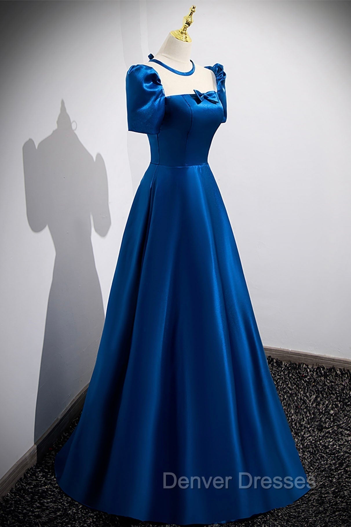 Blue Satin Long A-Line Prom Dress, Simple Blue Short Sleeve Evening Dress