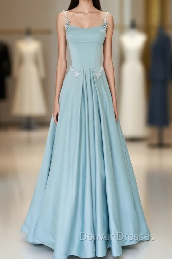 Blue Satin Long A-Line Prom Dress, Spaghetti Straps Evening Dress Main image