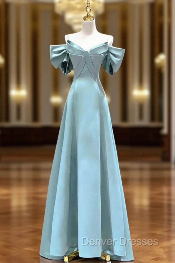 Blue Satin Long A-Line Prom Dress, Unique Spaghetti Straps Evening Dress Main image