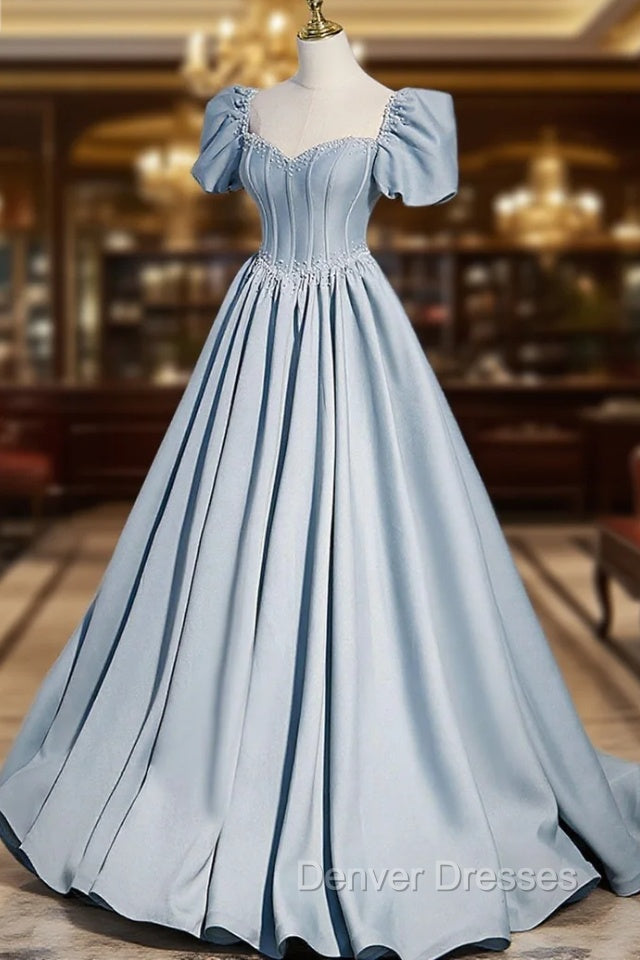 Blue Satin Long A-Line Prom Dress with Pearls, Cute Short Sleeve Evening Dress Secondary image