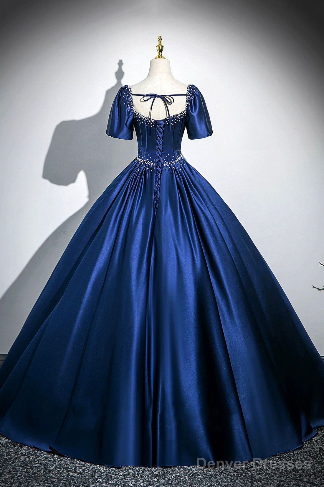 Blue Satin Long A-Line Prom Dress With Pearls, Elegant Short Sleeve Evening Party Dress Secondary image