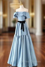 Blue Satin Long Formal Dress, Simple A-Line Strapless Prom Dress