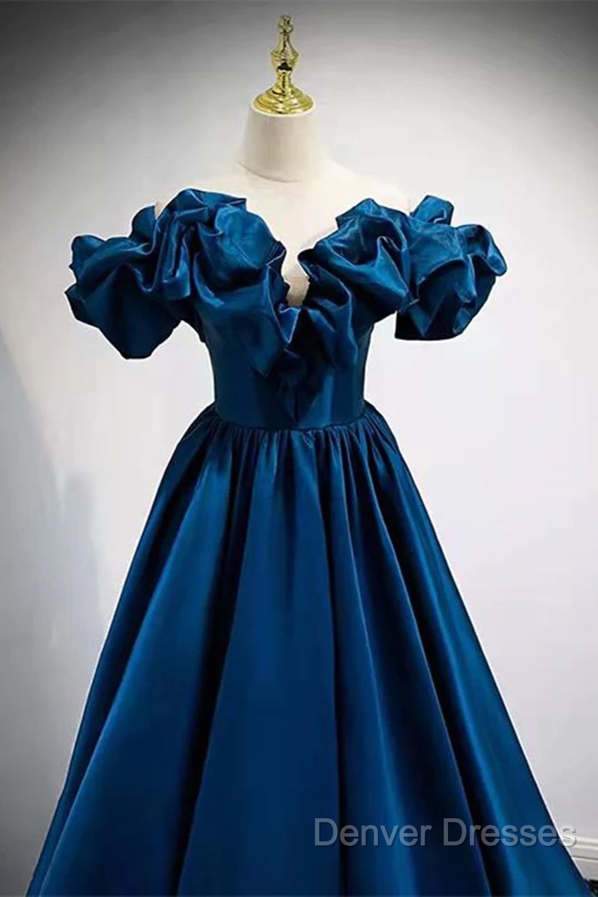 Blue Satin Long Off Shoulder A-Line Prom Dress, Blue Sweetheart Evening Dress Secondary image