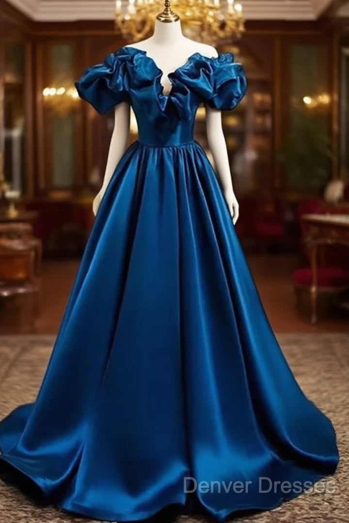 Blue Satin Long Off Shoulder A-Line Prom Dress, Blue Sweetheart Evening Dress Main image