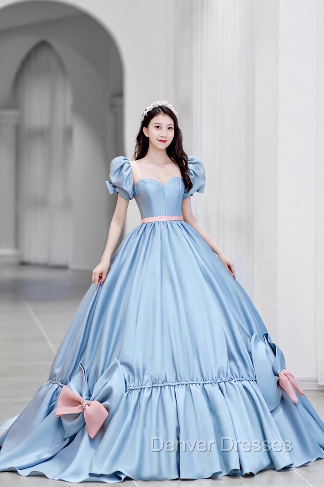 Blue Satin Long Princess Dress, Cute Short Sleeve Ball Gown Sweet 16 Dress Secondary image
