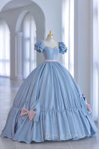 Blue Satin Long Princess Dress, Cute Short Sleeve Ball Gown Sweet 16 Dress