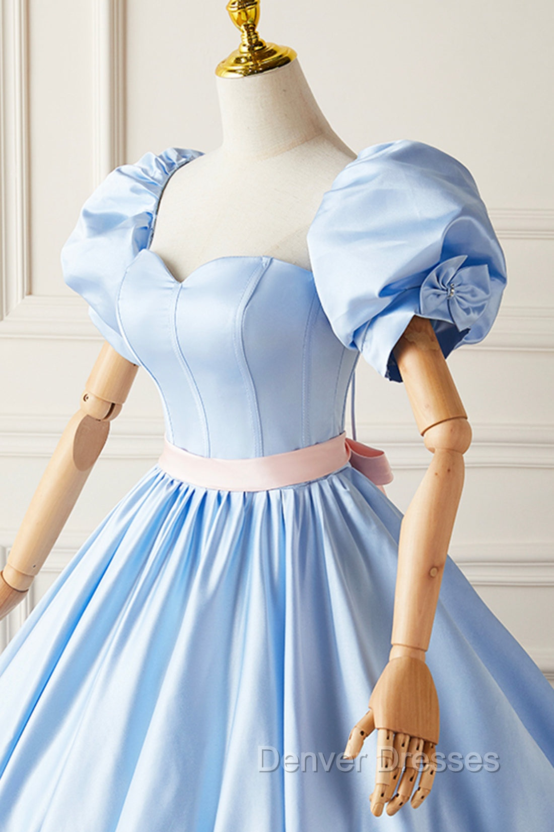 Blue Satin Long Princess Dress, Lovely Short Sleeve Ball Gown Sweet 16 Dress Secondary image