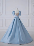 Blue Satin Long Prom Dress, Beautiful A-Line Short Sleeve Evening Party Dress