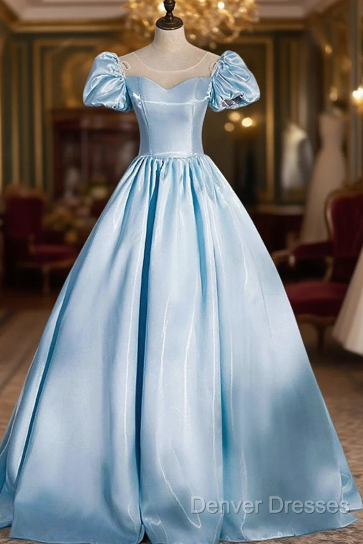 Blue Satin Long Prom Dress, Blue A-Line Scoop Neckline Short Sleeve Evening Dress