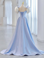 Blue Satin Long Prom Dress, Blue Formal Evening Dress