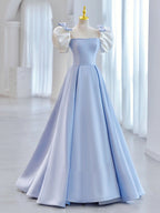 Blue Satin Long Prom Dress, Blue Formal Evening Dress