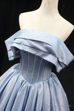 Blue Satin Long Prom Dress, Elegant Off The Shoulder Evening Party Dress