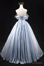 Blue Satin Long Prom Dress, Elegant Off The Shoulder Evening Party Dress