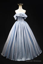 Blue Satin Long Prom Dress, Elegant Off The Shoulder Evening Party Dress