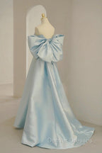 Blue Satin Long Prom Dress with Big Bow, Blue A-Line Evening Party Dress