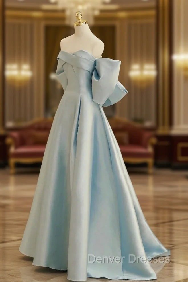 Blue Satin Long Prom Dress with Big Bow, Blue A-Line Evening Party Dress