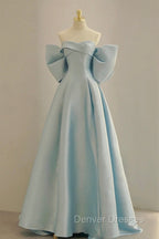 Blue Satin Long Prom Dress with Big Bow, Blue A-Line Evening Party Dress