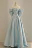 Blue Satin Long Prom Dress with Big Bow, Blue A-Line Evening Party Dress