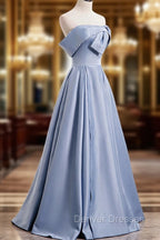 Blue Satin Long Prom Dress with Pearls, Blue A-Line Strapless Party Dress