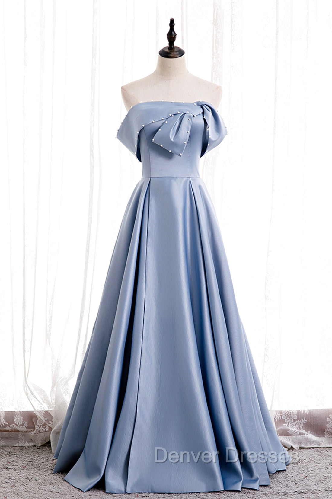 Blue Satin Long Prom Dress with Pearls, Blue A-Line Strapless Party Dress Main image