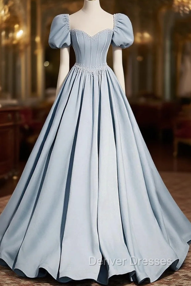 Blue Satin Long Prom Dress with Pearls, Blue Short Sleeves A-line Evening Dress Main image