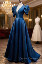 Blue Satin Long Prom Dress with Short Sleeves, Blue Evening Formal Dress