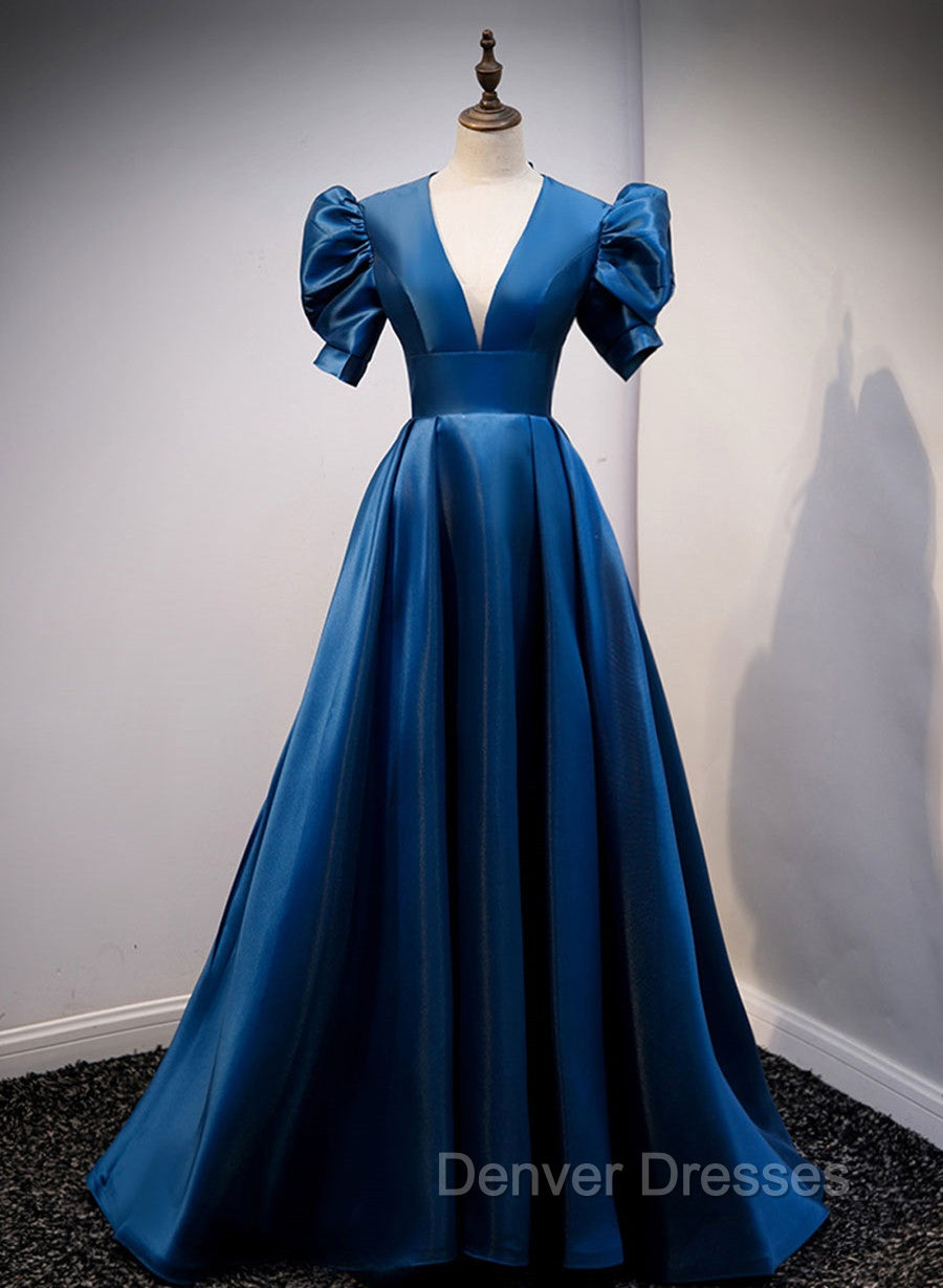 Blue Satin Long Prom Dress with Short Sleeves, Blue Evening Formal Dress Main image