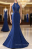 Blue Satin Mermaid Halter Cut Out Backless Long Prom Dress