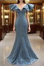 Blue Satin Mermaid V-neck Beading Prom Dress